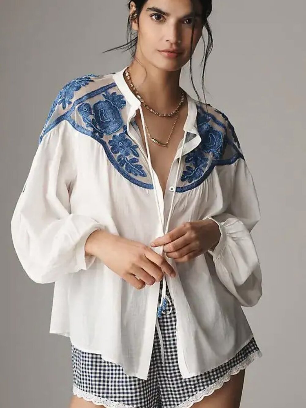 Anthropologie Boho Medium White Blouse with Blue Floral Detail